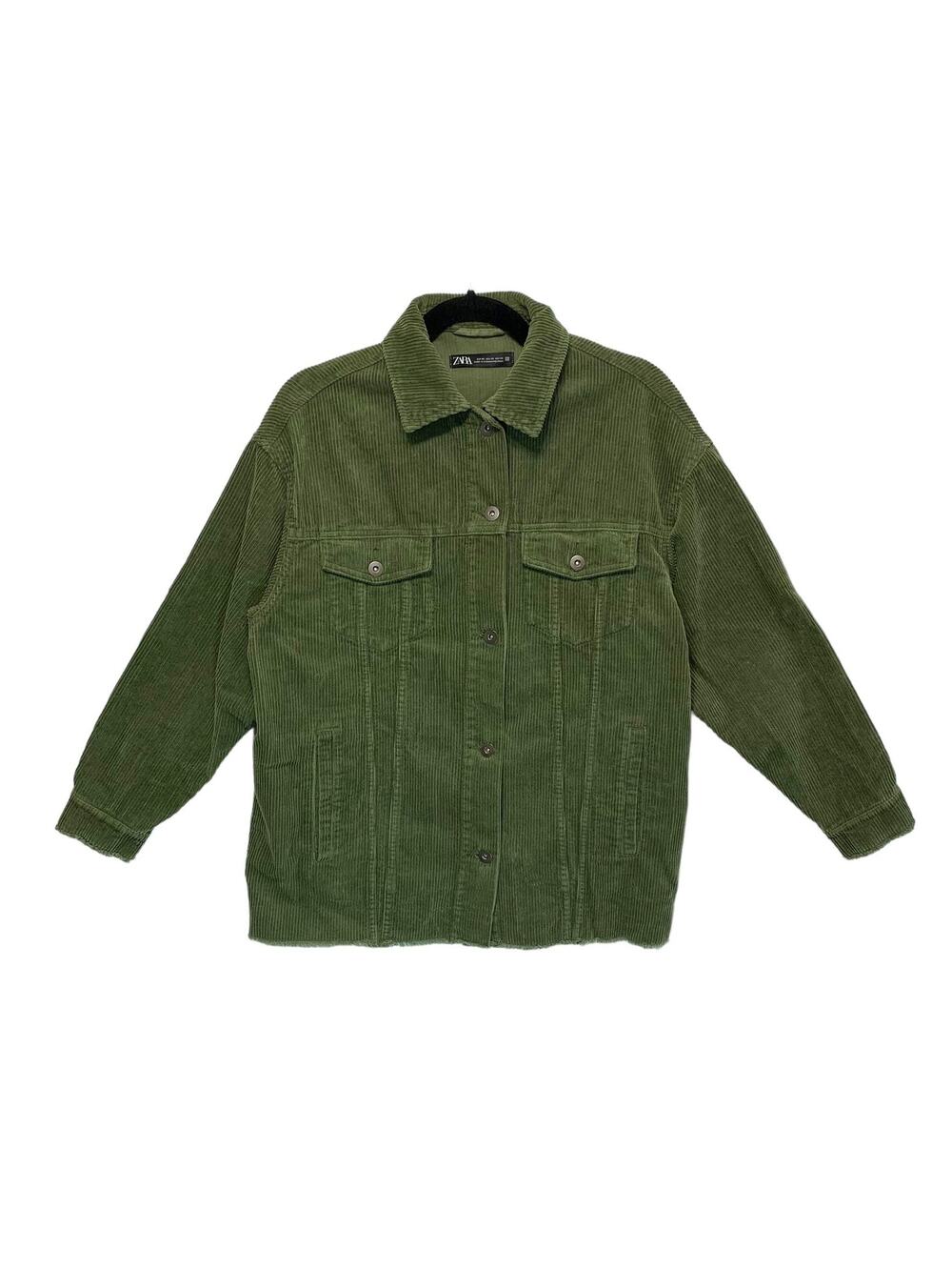 Zara Corduroy Oversized Button Front Shacket Jacket Women's Sz XS Green Cotton